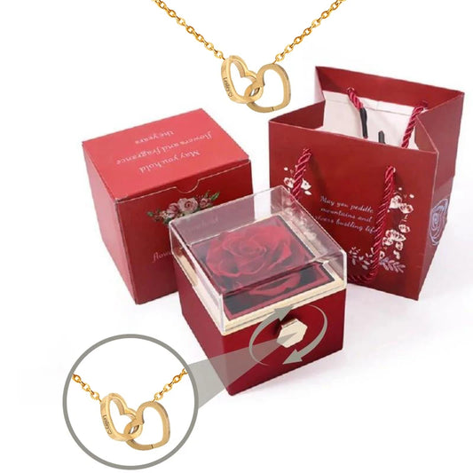Eternally Preserved Rotating Rose Box -  Engraved Heart Necklace