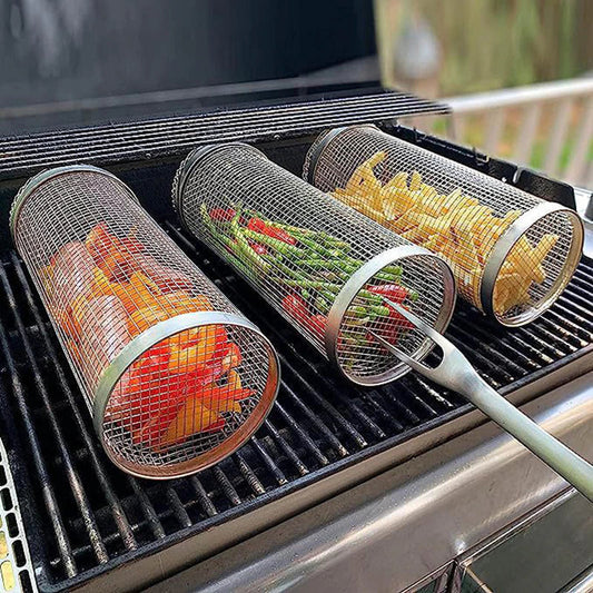 BBQ Grill Basket Stainless Steel Round Barbecue Rolling